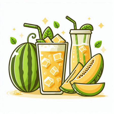 Refreshing summer drink with melon and ice cubes, vector illustrationのイラスト素材