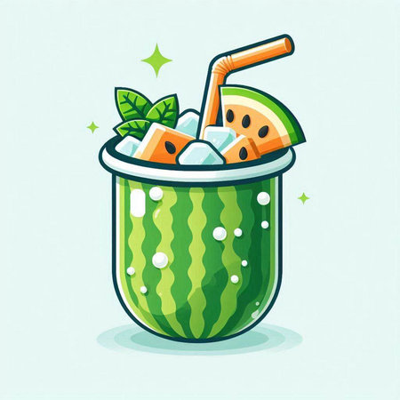 Cocktail with watermelon and mint. Vector illustration in cartoon style.のイラスト素材