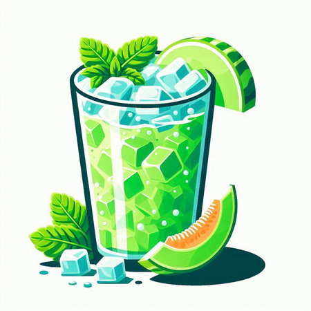 Cocktail with melon, ice cubes and mint. Vector illustration.のイラスト素材
