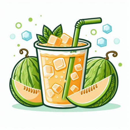 Melon smoothie with ice cubes and mint leaves. Vector illustration.のイラスト素材