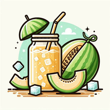 Melon smoothie in glass jar with ice cubes and straw. Vector illustration.のイラスト素材