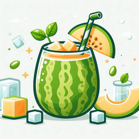 Cocktail with watermelon and ice cubes. Vector illustration.のイラスト素材