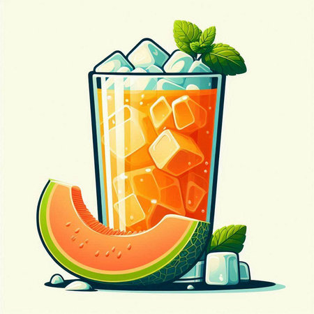 Cocktail with melon, ice cubes and mint. Vector illustration.のイラスト素材