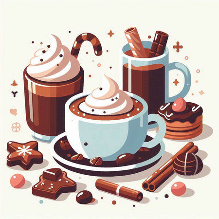 Coffee cup with whipped cream, chocolate, cinnamon, cookies and sweets. Vector illustration.のイラスト素材