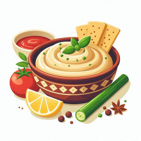 Bowl of hummus and ingredients on white background. Vector illustration.のイラスト素材
