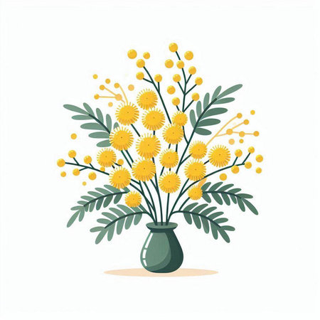 Bouquet of mimosa flowers in a vase. Vector illustration.のイラスト素材