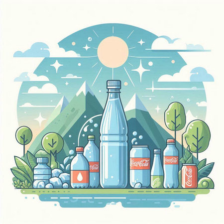 Vector illustration of bottle of water on the background of mountain landscape.のイラスト素材