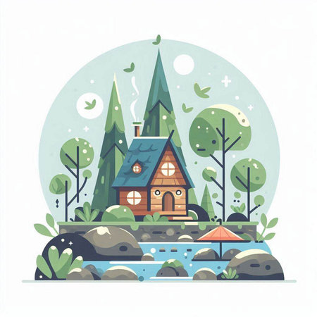 House in the forest. Vector illustration in flat cartoon style. House in the forest.のイラスト素材