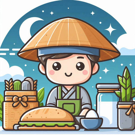 Illustration of a Kid Boy Wearing a Rice Hat and Holding a Jar of Riceのイラスト素材