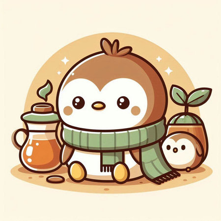 Cute cartoon penguin in warm clothes with a cup of tea.のイラスト素材