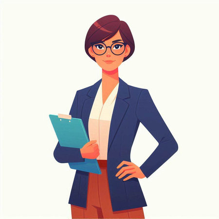 Business woman holding clipboard and looking at camera. Vector illustration in cartoon styleのイラスト素材