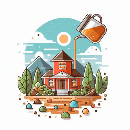 House with a watering can on the background of the nature. Vector illustration.のイラスト素材