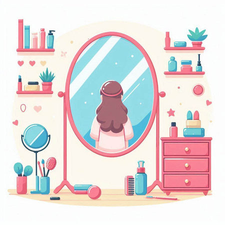 Vector illustration of a girl in a dressing room with a mirror and cosmeticsのイラスト素材