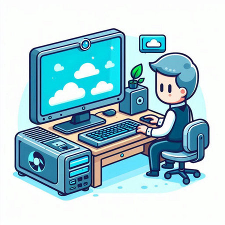 Businessman working on computer with cloud computing system. Vector illustration.のイラスト素材