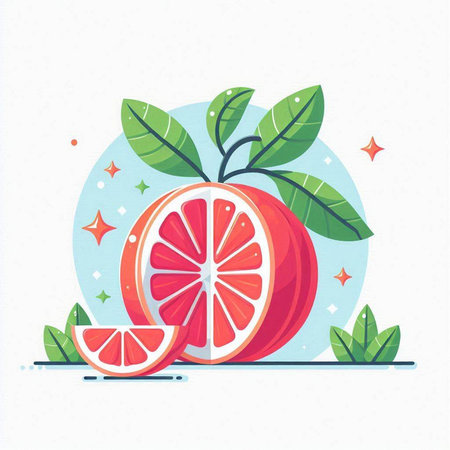 Grapefruit vector illustration. Juicy fruit with leaves on white background.のイラスト素材
