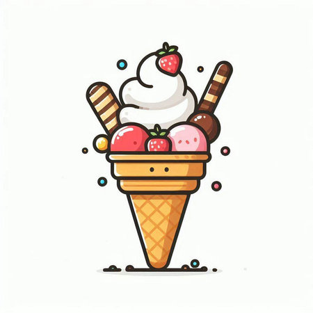 Ice cream cone with strawberry and wafer rolls. Vector illustration.のイラスト素材