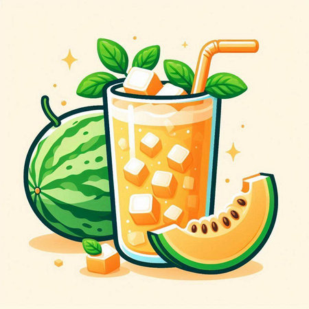 Glass of melon smoothie with ice cubes and straw. Vector illustration.のイラスト素材