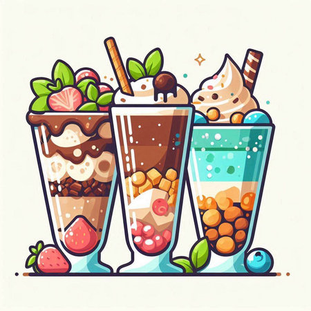 Colorful vector illustration of milkshakes with ice cream and berries.のイラスト素材