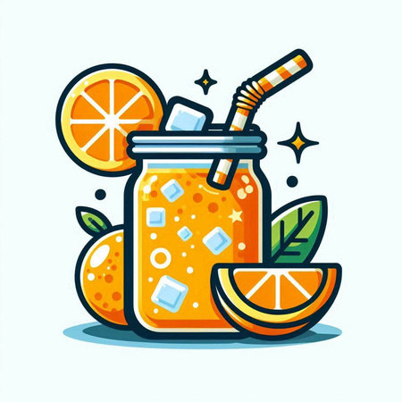 Orange smoothie in glass jar with straw and slice of orange. Vector illustration.のイラスト素材