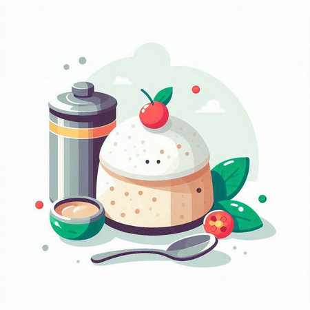 Cake with cherry, coffee and shaker. Vector illustration.のイラスト素材