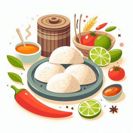 Vector illustration of indian food, rice dumplings with vegetables and spices.のイラスト素材