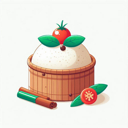 Illustration of a wooden basket with cherry and cinnamon on a white backgroundのイラスト素材