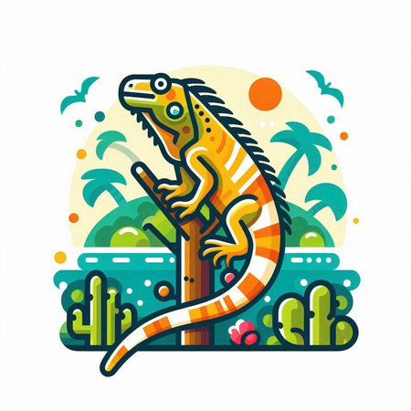 Iguana in the jungle. Vector illustration in flat style.のイラスト素材