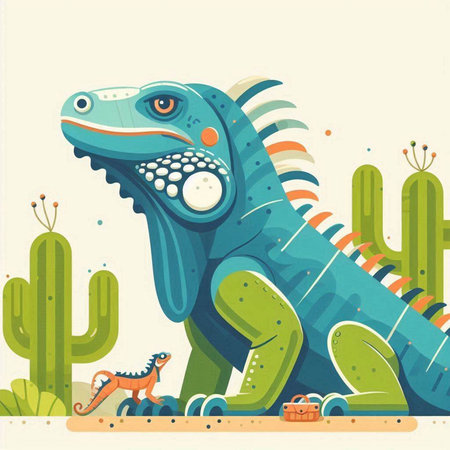 Cute cartoon iguana with cacti. Vector illustration.のイラスト素材