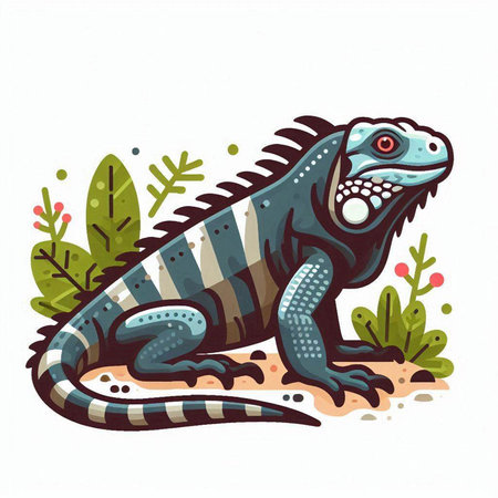 Green iguana on the ground. Vector illustration in cartoon style.のイラスト素材