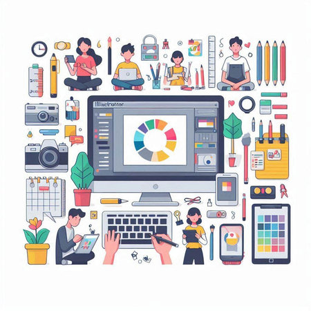 Vector illustration of graphic design tools and equipment in flat design style.のイラスト素材