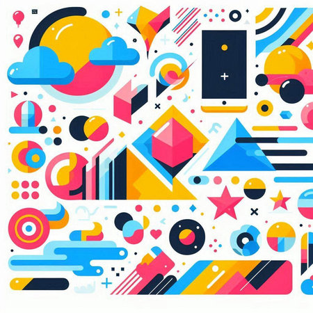 Abstract geometric background with colorful memphis style elements. Vector illustration.のイラスト素材