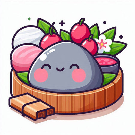 Kawaii sushi with cherry and ice cream on wooden plate vector illustrationのイラスト素材