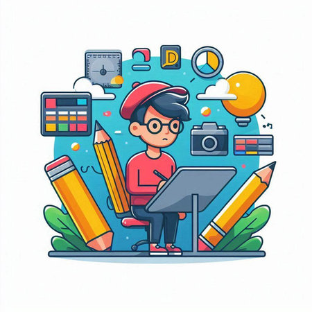 Cartoon boy with laptop and set of icons. Vector illustration.のイラスト素材