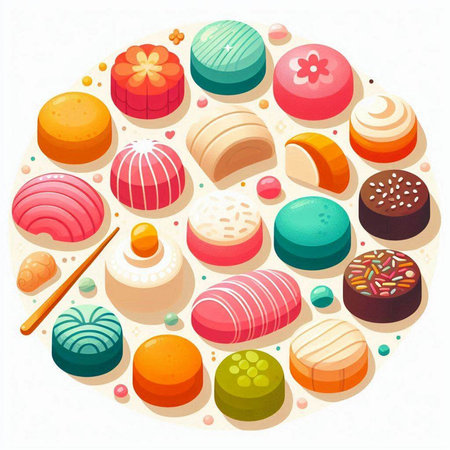 Colorful Japanese sweets on a white background. Vector illustration in cartoon style.のイラスト素材