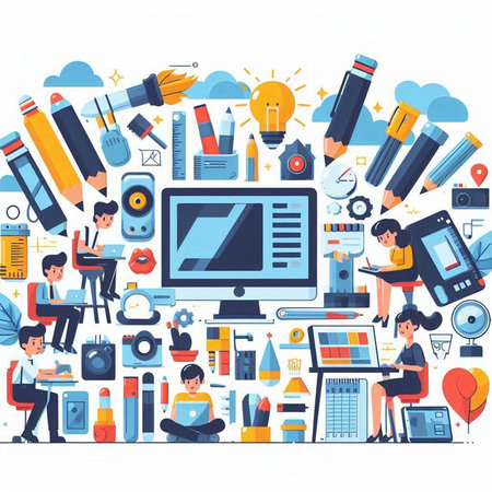 Flat design modern vector illustration concept of online education, distance learning, webinar, e-learning, video conference, webinar.のイラスト素材