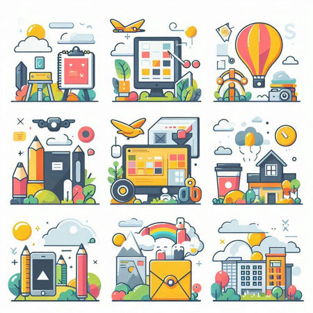 Flat line design modern vector illustration icons set for web and mobile applicationsのイラスト素材