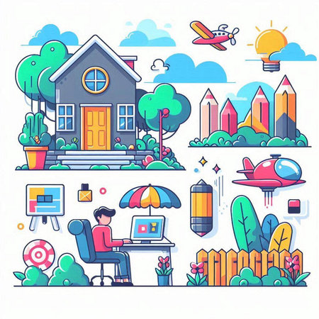 Vector illustration of a flat design of a home, office, school and office.のイラスト素材