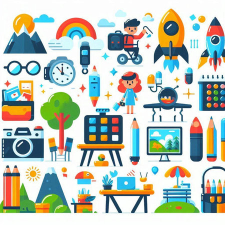 Back to school, education and learning flat icons set. Vector illustrationのイラスト素材