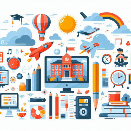 School and education concept. Vector illustration in flat design style with icons.のイラスト素材