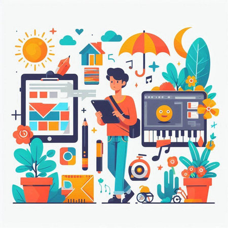 Vector flat design illustration of online music education concept. Young man with tablet pc and mobile phone listening to music.のイラスト素材