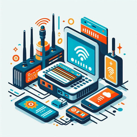Vector isometric illustration of the concept of a wireless communication network.のイラスト素材