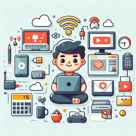 Cartoon vector illustration of man working on laptop with social media and multimedia iconsのイラスト素材