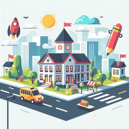 Vector isometric illustration of school building on city street with car and rocketのイラスト素材