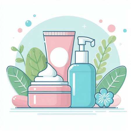 Cosmetic products, cream, lotion, lotion, cream, lotion. Vector illustrationのイラスト素材
