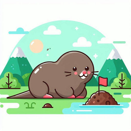 Vector illustration of a mole with a flag on the top of the mountainのイラスト素材