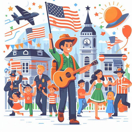 American family with children, father playing guitar, mother and son in front of United States of America flag, vector illustrationのイラスト素材