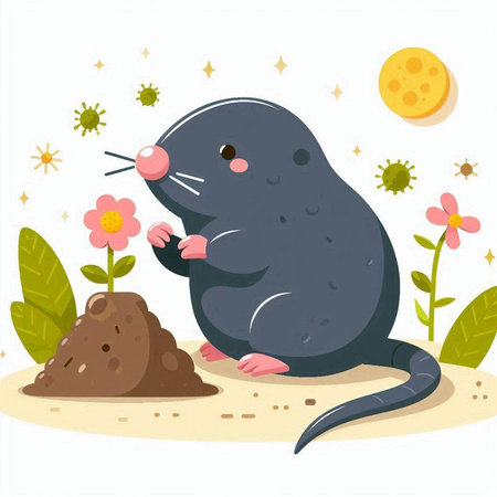 Illustration of a Black Mouse in the Desert with Flowers and Moonのイラスト素材