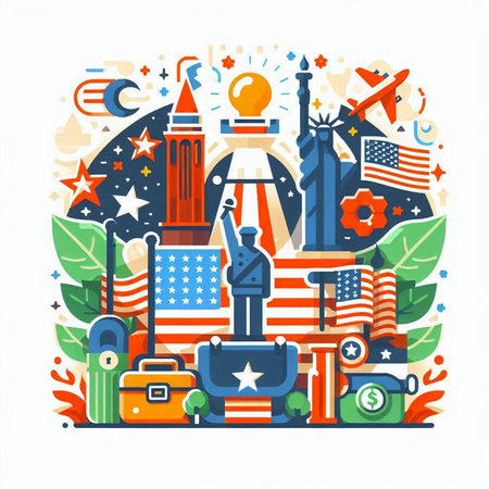 American symbols set. Flat design vector illustration. Icons for travel and tourism.のイラスト素材