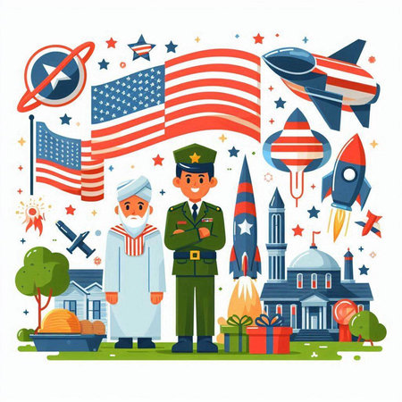 Patriotic United States of America holiday vector illustration. Cartoon man in military uniform with american flag, stars and rocket.のイラスト素材