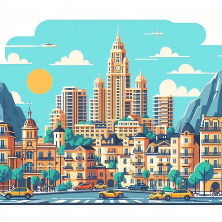 Cityscape with buildings and roads. Vector illustration in retro style.のイラスト素材